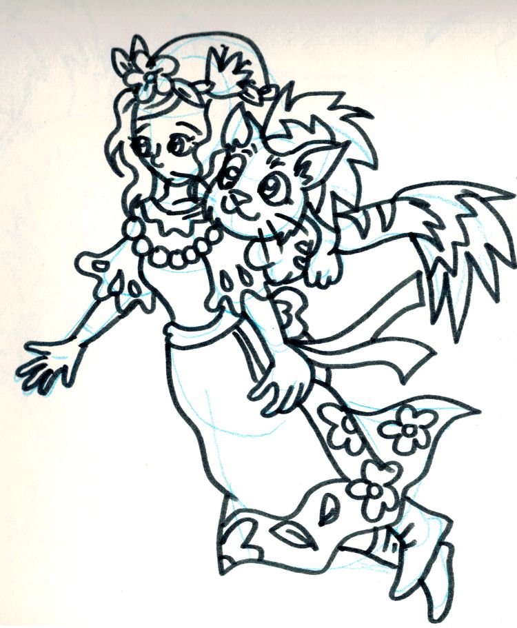 Opis ilustracji: Szkic słowiańskiej dziewczyny. Ona ma długie włosy, sukienkę w kwiaty z fartuszkiem, kwieciany wianek, a na jej ramieniu kot z płomieniami na grzbiecie. 
